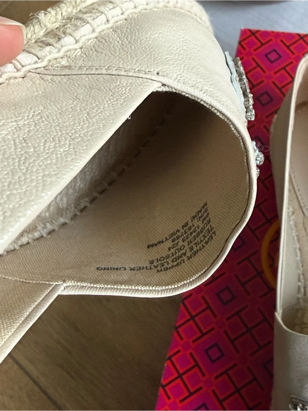 Tory Burch Beige Leather Espadrille Flats with Crystal Logo